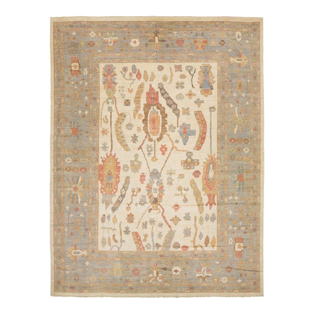 Modern Oushak Style Hand-Knotted Wool Rug – Transitional Neutrals & Earth Tones For Sale