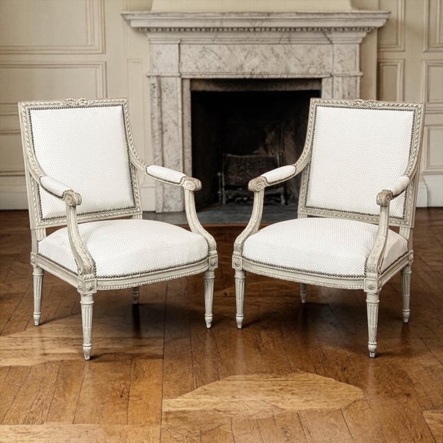 French Pair of French 19th Century Louis XVI Painted Armchairs ~ Fauteuils For Sale - Image 3 of 17