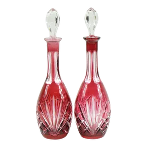 1960s Czech Hand Carved Glass Bottles with Tops - A Pair