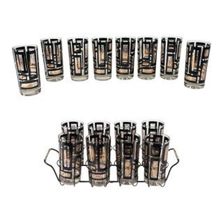 1950s Mid-Century Modern Black and Gold Atomic Starburst Highball Glasses in Holder, Set of Eight - 9 pcs For Sale