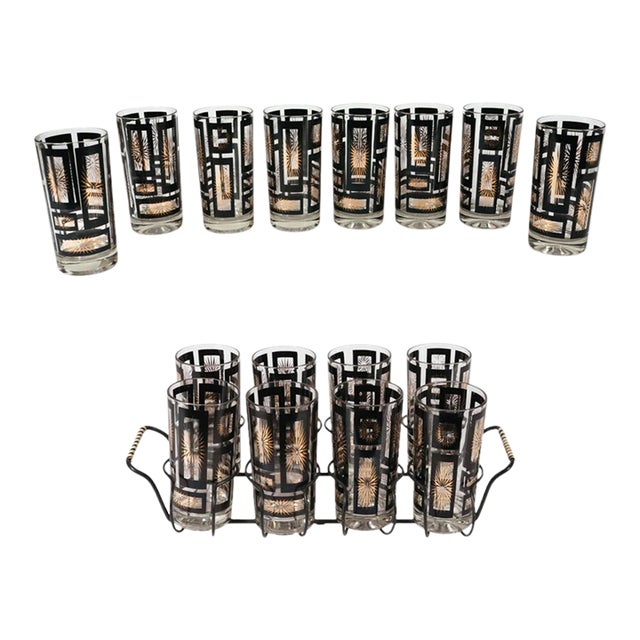 1950s Mid-Century Modern Black and Gold Atomic Starburst Highball Glasses in Holder, Set of Eight - 9 pcs For Sale