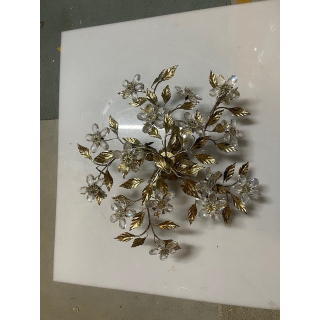 Gilded Tole Crystal Flower Flush Mount, 1970s For Sale - Image 10 of 12