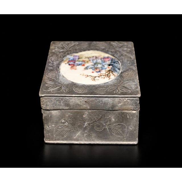 Chinese Antique Pewter Box W Finely Painted Porcelain 1920s Republic Era For Sale - Image 11 of 13