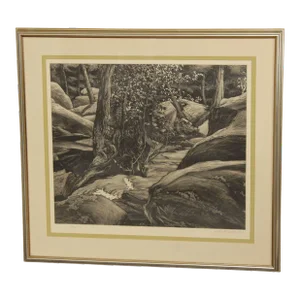 Vintage Roger Cairns 'Unami One' Landscape Etching, Custom Framed