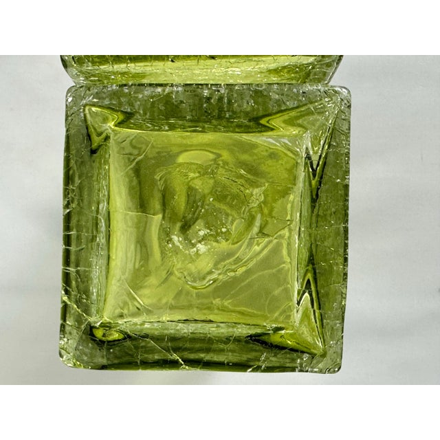 Glass Art Glass MCM Pale Yellow Green Crackle Glass Rectangular 10" Vintage Vases-Pair For Sale - Image 7 of 9