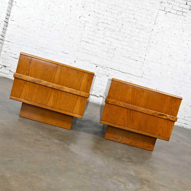 Late 20th Century Modern Oak With Cane & Glass Insert Top & Pedestal Base Pair of End Tables or Nightstands For Sale - Image 5 of 13