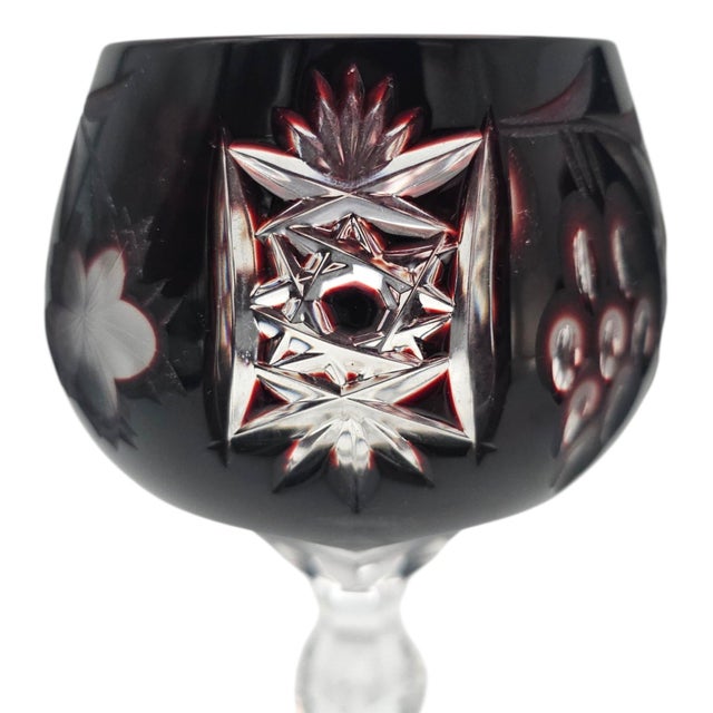 Late 20th Century Ajka Marsala Ruby Overlay Hand-Cut Crystal Hock Wine Goblet, Hungary 8" - Set of 3 For Sale - Image 9 of 10
