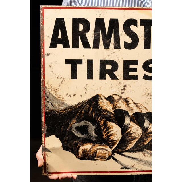 Vintage Armstrong Tires Double-Sided Tin Flange Service Station Sign For Sale - Image 9 of 11