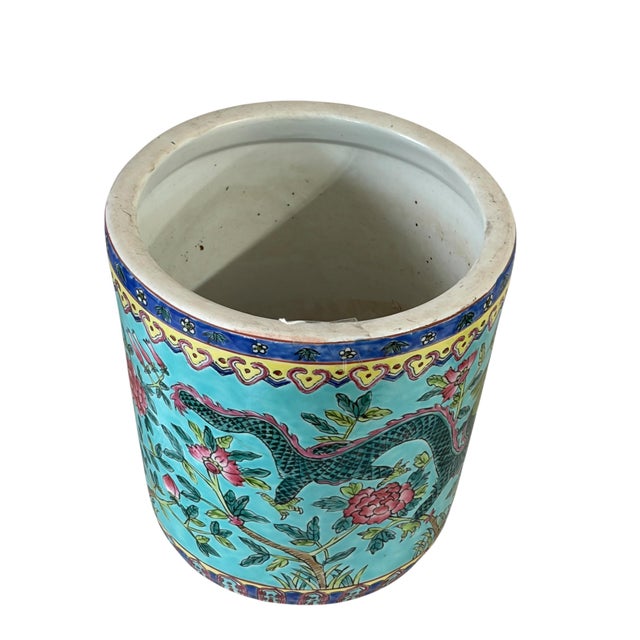 Antique Chinoiserie Famille Rose Porcelain Jardiniere With Turquoise Glaze 8"h For Sale - Image 9 of 12