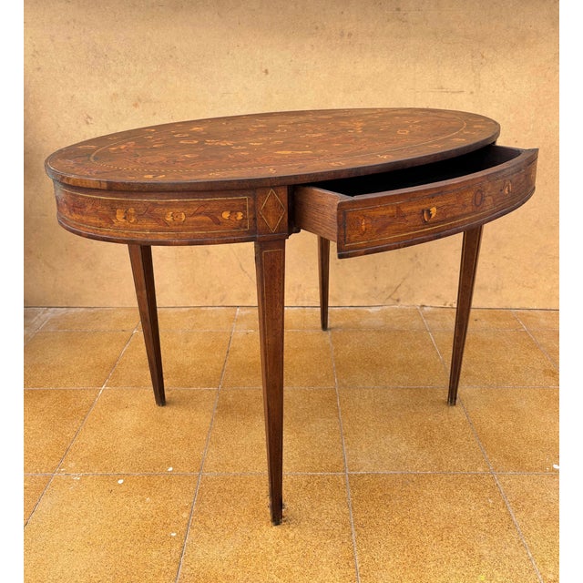 Brown Oval Marquetry Side Table with Drawer, Early 20th Century For Sale - Image 8 of 10