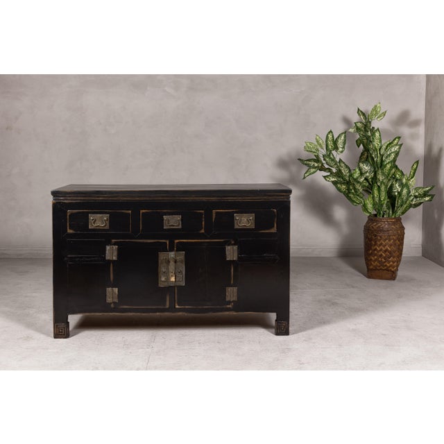 19th Century Black Lacquer Sideboard with Rubbed Edges, Brass Hardware, Doors and Drawers For Sale - Image 5 of 12