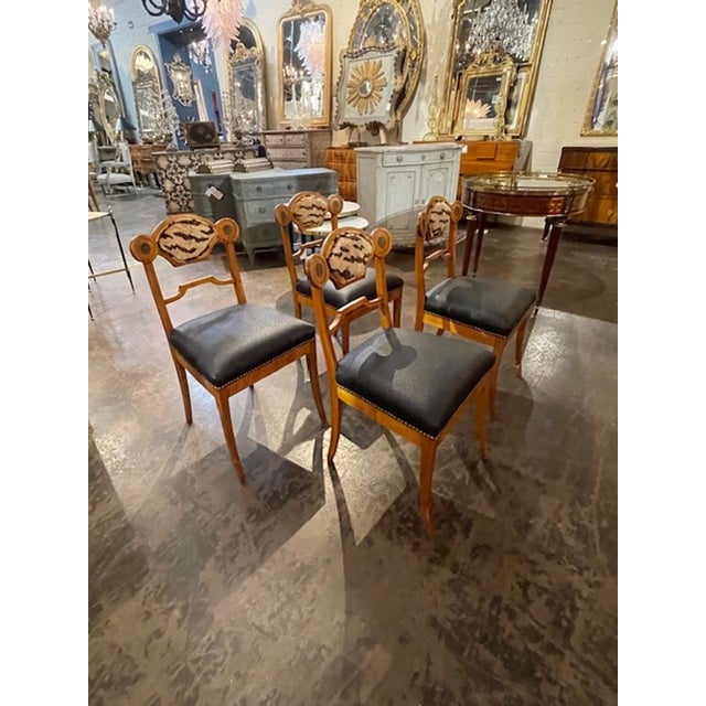 Set of 4 Biedermeier Walnut Side Chairs W/ Scalamandre and Leather Upholstery. For Sale - Image 9 of 9