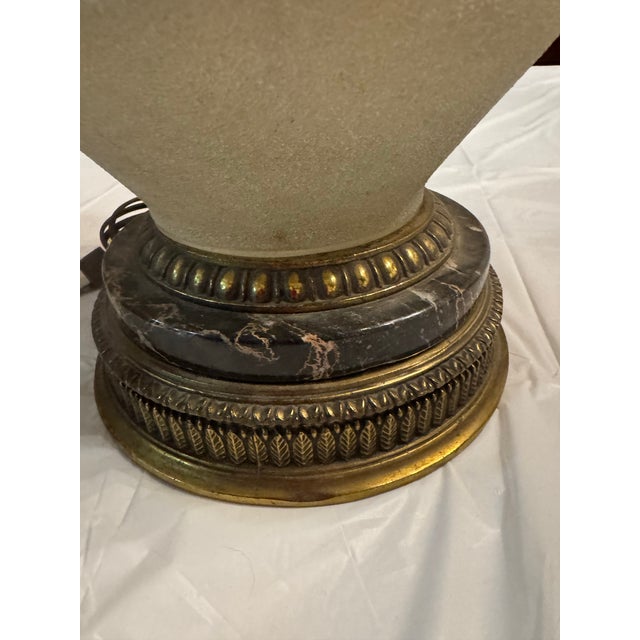 1950s Vintage Mid-Century Modern Ceramic Table Lamp With a Textured, Fat Lava Glaze Base and Gold Floral Detailing. For Sale - Image 5 of 11