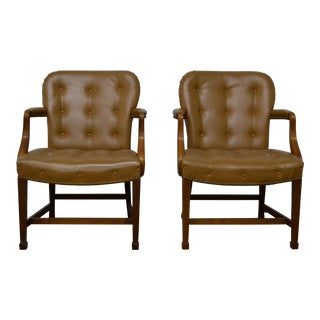 Tufted Leather Library Arm Chairs - A Pair For Sale