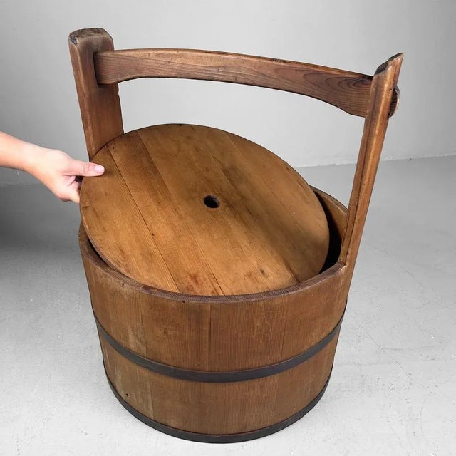 Japanese Wooden Bucket with Lid, 1940s For Sale - Image 3 of 18