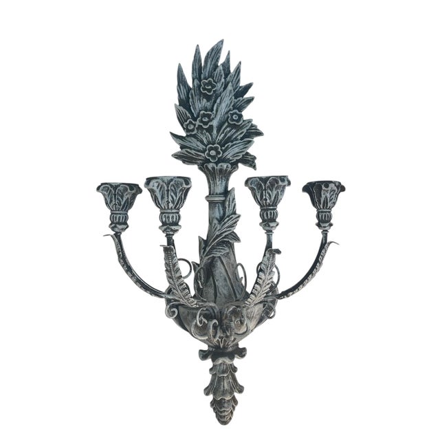 Farmhouse Pair of Monumental Hand-Carved White-Washed Wood Five-Light Wall Candelabras For Sale - Image 3 of 8