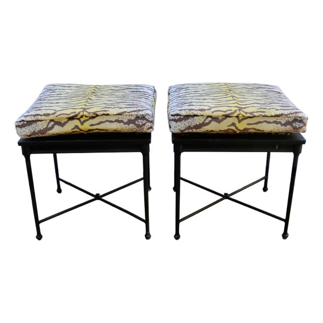 Mid 20th Century Vintage French Iron Bench Stool Ottoman With Tiger Striped Velvet Cushions - Set of 2 For Sale