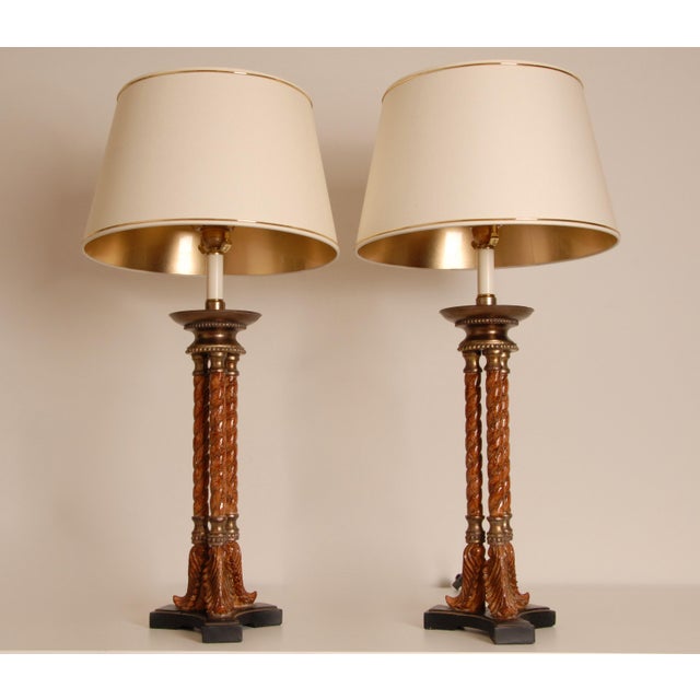 Maison Charles Vintage Italian Lamps Neoclassical Column Lamps Turned Burl Wood Table Lamps - A Pair For Sale - Image 4 of 9