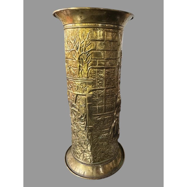 Vintage Antique English Brass Figural Scenic Repousse Umbrella Stand Vase In good original condition showing some typical...