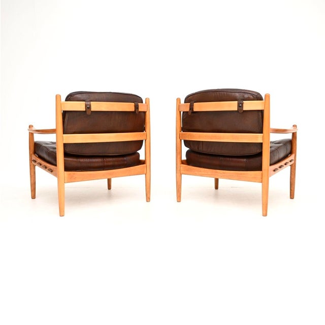 Vintage Swedish Leather and Birch Lounge Chairs attributed to Ingemar Thillmark for Ope, 1960s, Set of 2 For Sale - Image 4 of 11