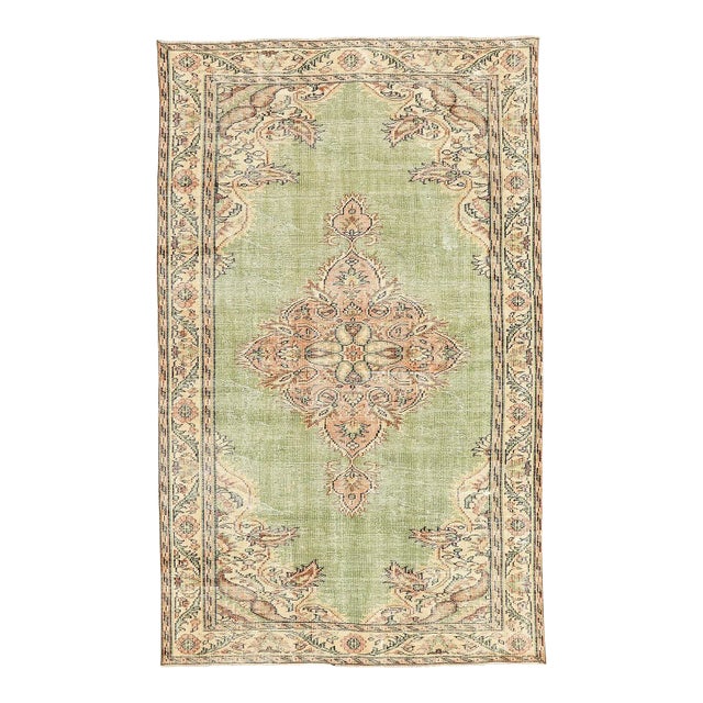 Mid 20th Century Green Vintage Turkish Oushak Rug For Sale