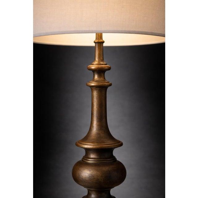 English Antique Bronze Finish With Linen Drum Shade Heavy Cast Metal Table Lamp– 32” Tall, 3-Way Switch For Sale - Image 3 of 8
