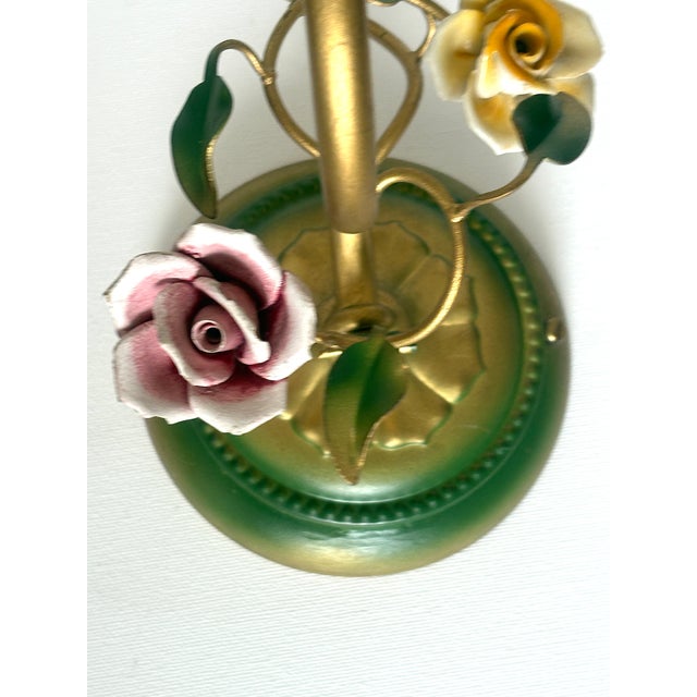 Mid-Century Modern Vintage Italian Metal and Porcelain Rose Wall Lamps from Unbekannt, 1950s, Set of 2 For Sale - Image 3 of 9