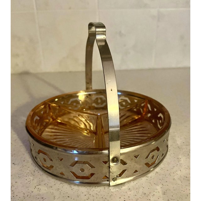 1930s Vintage Pink Depression Glass Divided Tray With Metal Handle for Hors D'oeuvres, Relish Dish or as a Candy Dish For Sale - Image 6 of 12