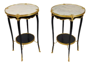 French Louis XV Style Ebonized Round Side Tables - a Pair
