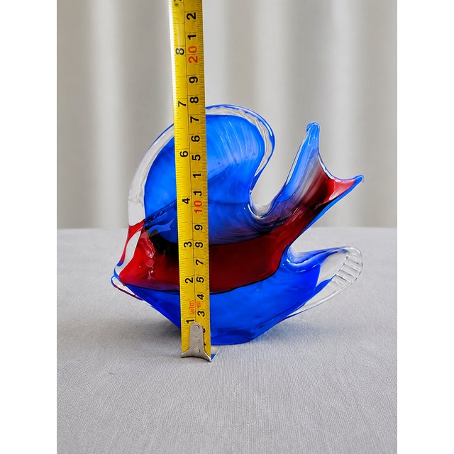 Vintage Murano Style Hand Blown Glass Coastal Angelfish Sculpture / Paper Weight – Blue Red Tropical Fish 6" For Sale - Image 11 of 12