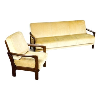 Vintage Scandinavian Velvet Convertible Sofa and Armchair, 1960s, Set of 2 For Sale