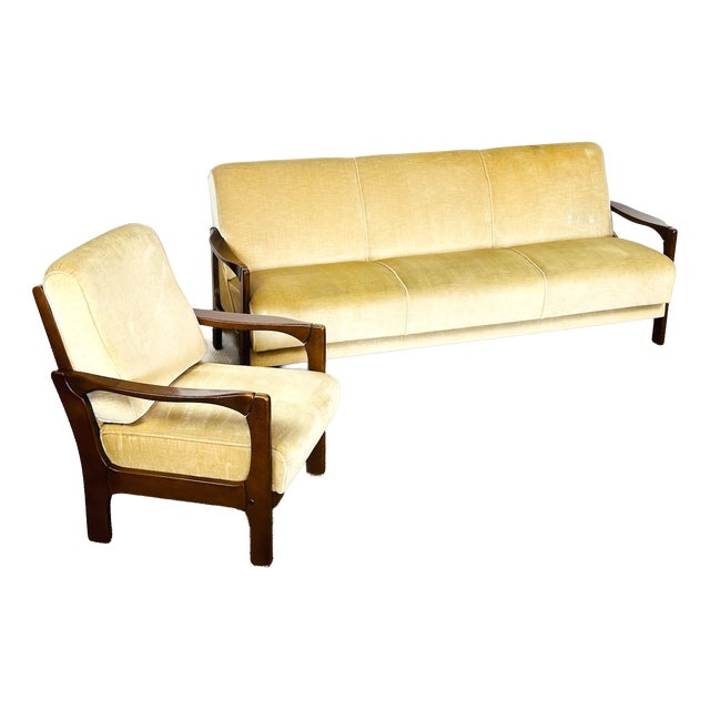 Vintage Scandinavian Velvet Convertible Sofa and Armchair, 1960s, Set of 2 For Sale