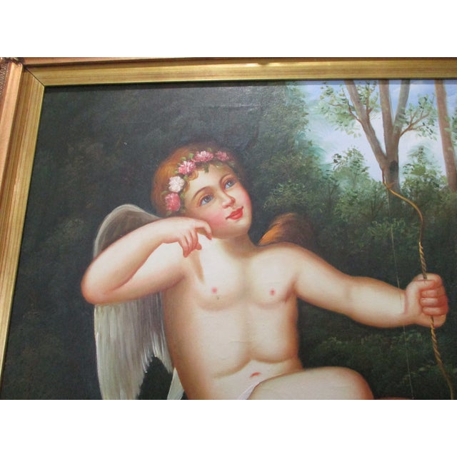 1970s Beautiful Vintage Cherub, Putti, Angel Oil Painting on Canvas Sign LeBrun Fancy Frame For Sale - Image 5 of 15