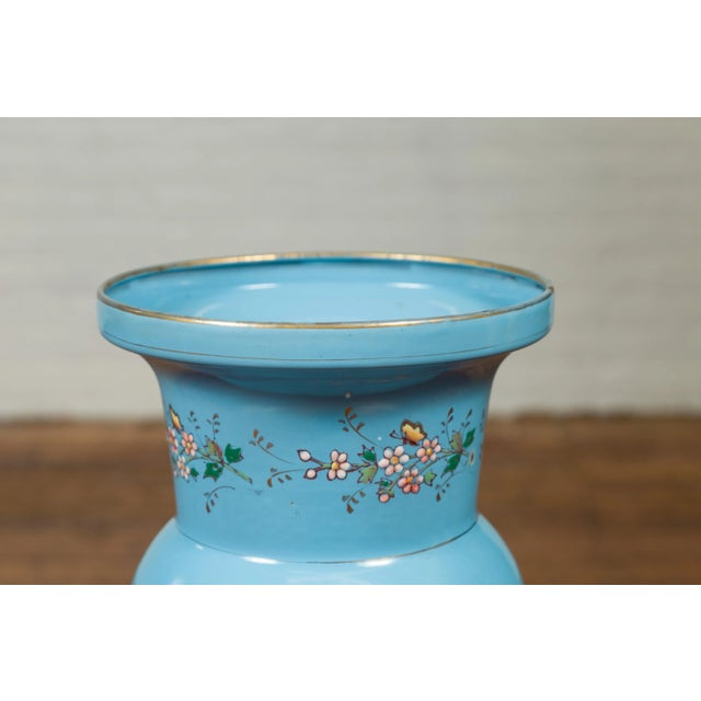 Chinese Vintage Chinese Hand Painted Blue Metal Vase with Calligraphy and Floral Décor For Sale - Image 3 of 12