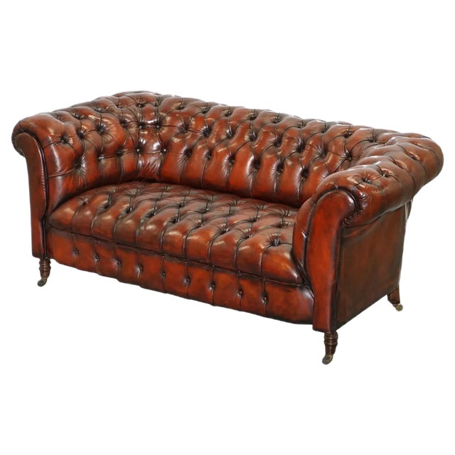 Small Victorian Whisky Brown Leather Chesterfield Sofa For Sale