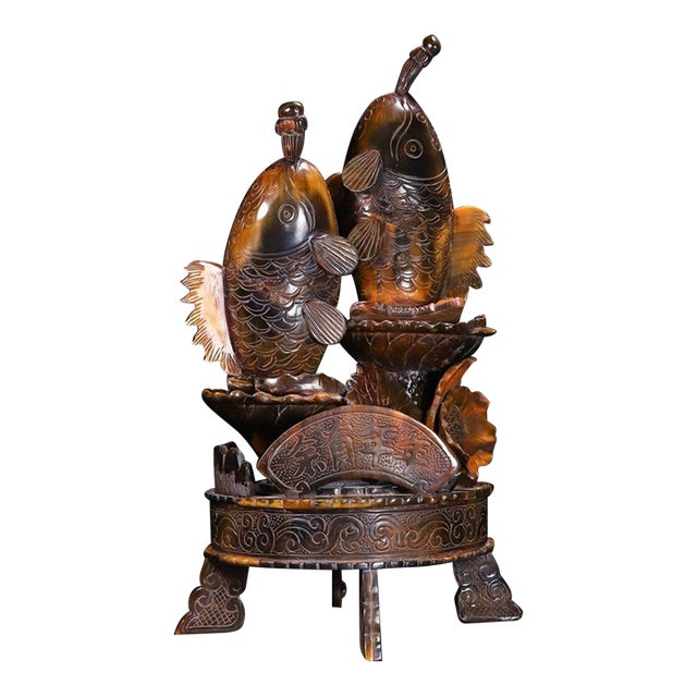 Late 20th Century Carved Horn Sculpture of Two Carp With Lotus - "Abundance" For Sale