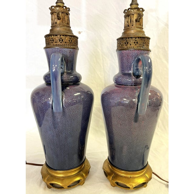 Purple Vintage Ceramic Amphora Handled Vase Lamps With Purple Floral Decoration- a Pair For Sale - Image 8 of 12