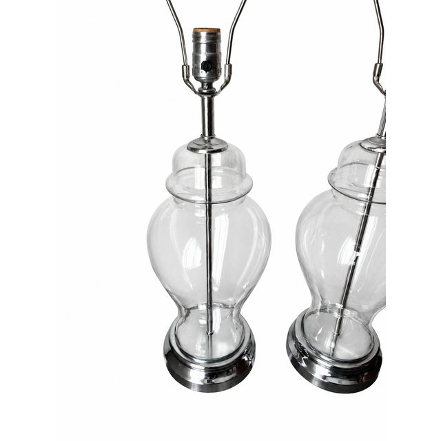Metal Late 20th Century Clear Glass Baluster Table Lamps With Chrome-Tone Bases - Pair For Sale - Image 7 of 14