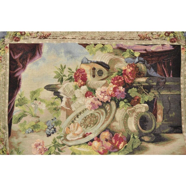 French Jacquard Woven French Wall Tapestry Still Life Flowers & Mandolin by J&d For Sale - Image 3 of 12