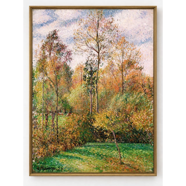 This reproduction art print of Camille Pissarro’s Automne, Peupliers, Éragny (Autumn, Poplars, Éragny) captures slender...