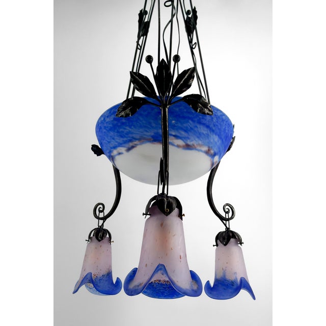Boho Chic Art Deco Wrought Iron Chandelier with Blue Blown Glass, France For Sale - Image 3 of 12