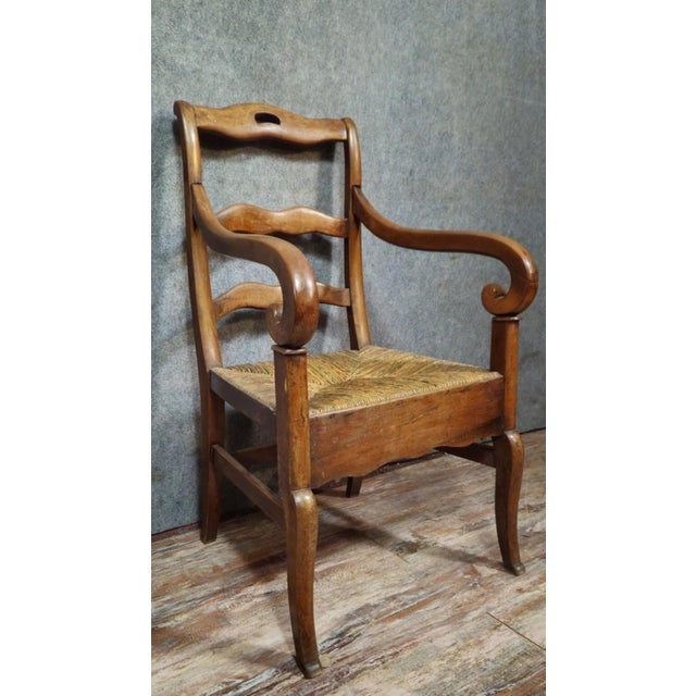 Rustic Empire-Style Armchair in Walnut with Woven Straw Seat For Sale - Image 3 of 7
