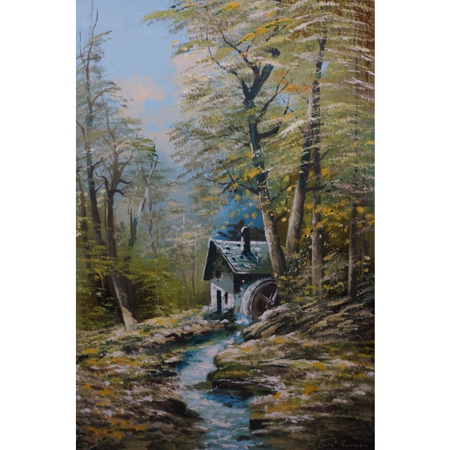 Wood Horst Hoppman German Mid Century Water Mill Landscape Oil Painting 45" For Sale - Image 7 of 12