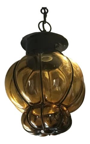 1960's Mexican Blown Glass and Wrought Iron Pendant