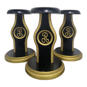 Hollywood Regency Black & Gold Wooden Hat Stands With Monogram “R” - Set of 3
