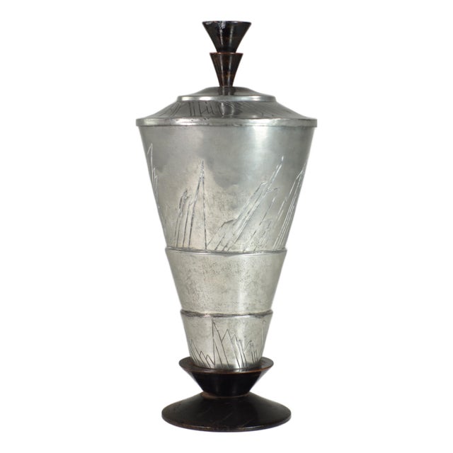 Futurist Metal and Black Wood Urn Vase, 1920s For Sale