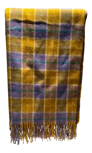 Super Soft Merino Wool Throw in a Bright & Cheery Blue, Yellow & White Classic Plaid Pattern - Made in England