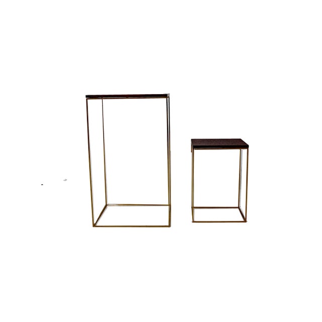 Walnut and Brass Side Tables. Fine lightweight tables with brass base and walnut veneered tops. Tops sit on base and are...