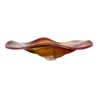 Large Signed Studio Art Glass Centerpiece Bowl – Red, Gold & Amber – 23” W For Sale