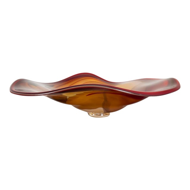 Large Signed Studio Art Glass Centerpiece Bowl – Red, Gold & Amber – 23” W For Sale